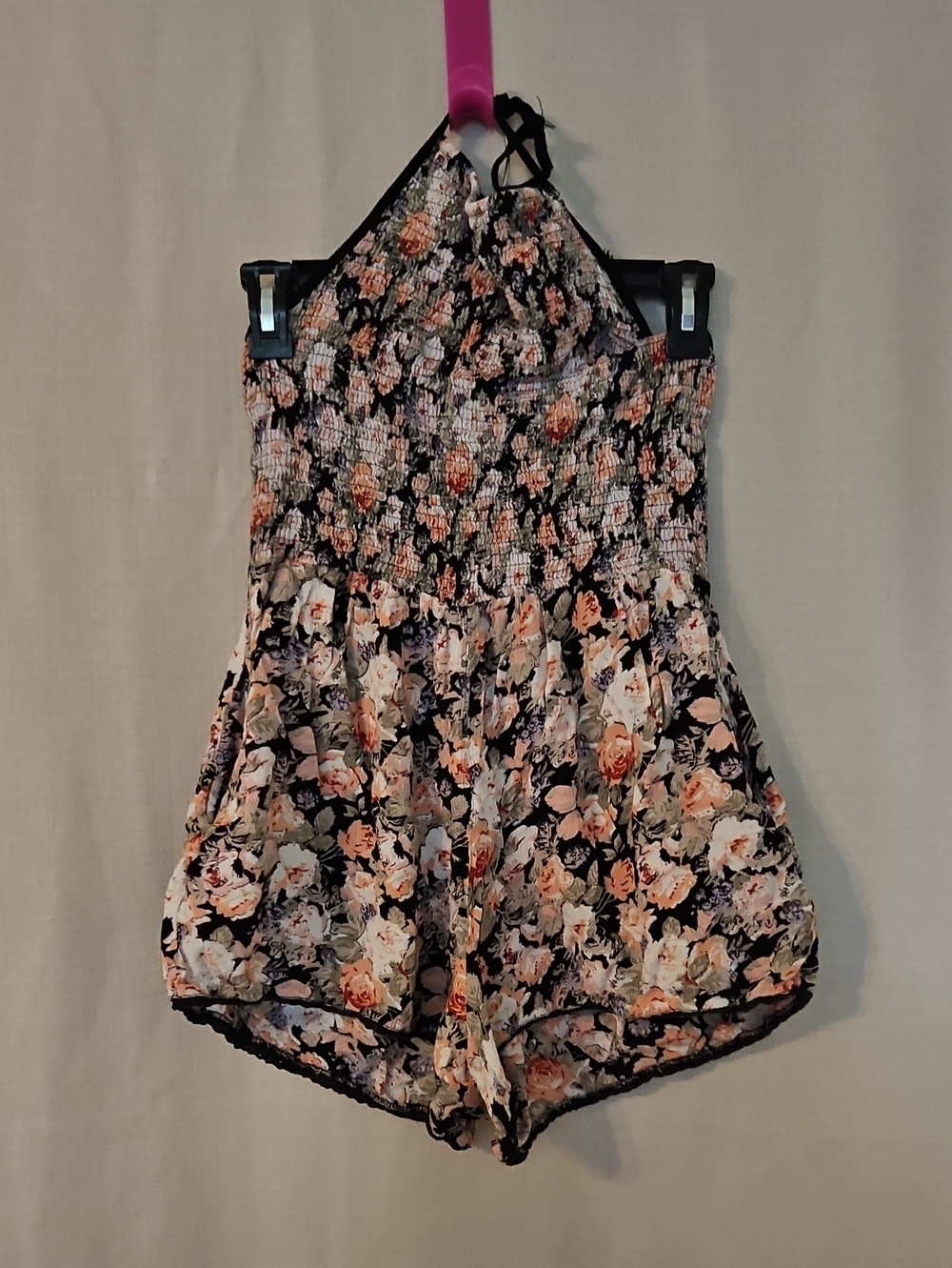 Angie Black Floral Smocked Halter Romper with Peach Accents